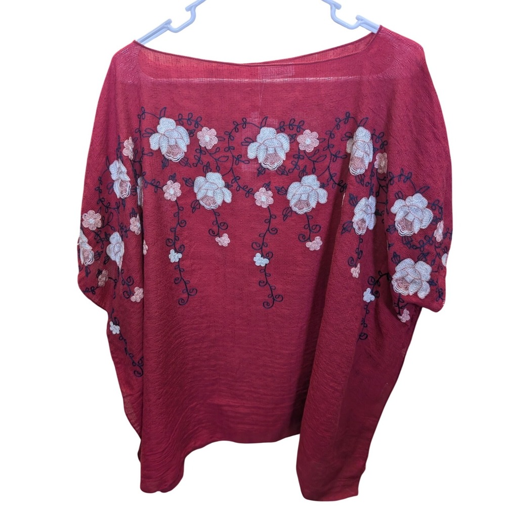 NWT Tamsy Floral Embroidered Poncho Top Womens Burgundy Red Boho Boat Neck